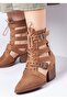 Women's Back Zippered Double Buckle Adjustable and Tied Summer Boots Camel