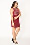 Women's Large Size Claret Red Stone Detailed Evening Dress 65n30445 - 3