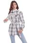 Women's Gray White Plaid Lumberjack Belted Waist Jacket Shirt - 5