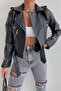 Women's Black Pocket Detailed Leather Jacket - 2