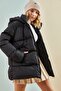 Women's Black Hooded Lace-Up Long Puffer Coat 30301009 - 4