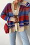 Women's Leather Detailed Navy Blue Red Beige Patterned Cardigan - 5