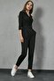 Women's Belt Detailed Double Breasted Collar One Piece Long Sleeve Black Jumpsuit Black Jumpsuit 32044 - 2
