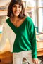 Woman's Green Blocked V-Neck Loose Knitwear Sweatshirt KZK-19000065 - 3