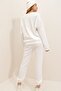 Women's White Crew Neck Elastic Waist and Leg Two Thread Basic Tracksuit Set ALC-507-669-001 - 6