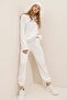 Women's White Crew Neck Elastic Waist and Leg Two Thread Basic Tracksuit Set ALC-507-669-001 - 2