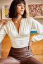 Women's Ecru Deep Decollete Waist Banded Crop Blouse BLZ-19001696 - 4
