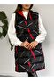 Women's Hooded, Side Pocket, Gathered Waist, Line Patterned Long Puffer Vest - 3