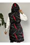 Women's Hooded, Side Pocket, Gathered Waist, Line Patterned Long Puffer Vest - 7