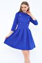 Cobalt Blue Color Patterned Pleated Baby Collar Dress - 4
