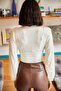 Women's Ecru Deep Decollete Waist Banded Crop Blouse BLZ-19001696 - 5