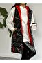 Women's Hooded, Side Pocket, Gathered Waist, Line Patterned Long Puffer Vest