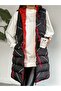 Women's Hooded, Side Pocket, Gathered Waist, Line Patterned Long Puffer Vest - 2