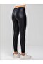 Women's Black Leather Look Stretchy Shiny Tights - 4