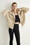 Women's Cream Double Pocket Zippered Plush Coat - 2