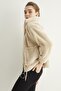Women's Cream Double Pocket Zippered Plush Coat - 4