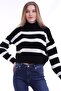 Women's Black Fisherman Striped Knitwear Sweater - 2