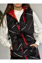 Women's Hooded, Side Pocket, Gathered Waist, Line Patterned Long Puffer Vest - 5
