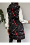 Women's Hooded, Side Pocket, Gathered Waist, Line Patterned Long Puffer Vest - 6