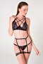 Gartered Cupless Rubber Detailed Bra Set - 2