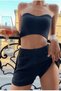 Women's Black Corduroy Pattern Bottom-Top Set, Shorts and Bustier Combination with Front Button Closure Detail - 2
