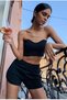 Women's Black Corduroy Pattern Bottom-Top Set, Shorts and Bustier Combination with Front Button Closure Detail - 3