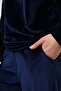 Navy Blue Elastic Leg Velvet Women's Crew Neck Suit - 3