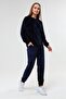 Navy Blue Elastic Leg Velvet Women's Crew Neck Suit - 2