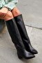 Women's Black Leather Fur Lined 3 Cm Heeled Daily Below the Knee Pointed Toe Boots - 2