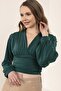 Women's Green V-Neck Gathered Candy Blouse - 5