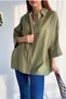 Women's Oil Green Hidden Button Wide Bat Sleeve Casual Fit Oversize Cotton Shirt - 7
