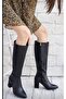 Women's Black Thick Heeled Pointed Toe Boots Daily Winter Casual Zippered Long Boots - 2