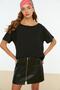 Siyah %100 Pamuk Oversize/Geniş Kalıp Kayık Yaka Örme T-Shirt TWOSS20TS0140 - 2