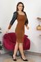 Women's leather detailed square collar Ribbed Knit dress kklf10 - 2