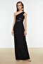 Siyah Pencere/Cut Out Detaylı Dokuma Uzun Gece Abiye Elbise TPRSS21AE0066 - 6