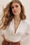 Women's White V-Neck Front and Waist Gathered Sandy Crop Blouse ALC-X7745 - 3
