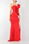 Red Crepe Fabric Flounce Slit Long Evening Dress 024 - 2