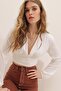 Women's White V-Neck Front and Waist Gathered Sandy Crop Blouse ALC-X7745 - 5