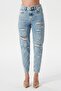 Ariana Light Blue High Waist Frayed Mom Fit Zippered Jean Trousers C 4525-063 - 2