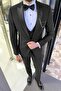 Slim Cut Swallow Neck Groom's Suit with Vest and Black Suit - 4