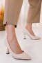 Women's Beige Leather Goblet Heel Pointed Toe Stiletto