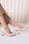 Women's Beige Leather Goblet Heel Pointed Toe Stiletto - 4