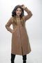 Women's Tan Hooded Furry Neck Zippered Double Pocket Zippered Cashmere Stamp - 2