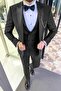 Slim Cut Swallow Neck Groom's Suit with Vest and Black Suit - 2
