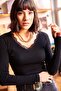 Women's Black Collar Lace V Neck Ribbed Knit Blouse BLZ-19001713 - 3