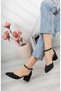 Women's Black Breast Single Strap Thick Heeled Classic Shoes - 4