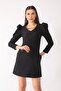 Women's Black Gathered Puffy Sleeve V-Neck Detailed Mini Dress - 2