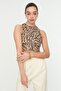Camel Animal Printed Halter Neck Fitted Crop Stretchy Knitted Blouse TWOSS22BZ0879