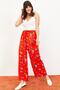 Women's Red Floral Patterned Belted Wide Leg Viscose Trousers 10061051 - 2