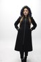 Women's Black Hooded Furry Neck Zipper Double Pocket Zippered Cashmere Stamp